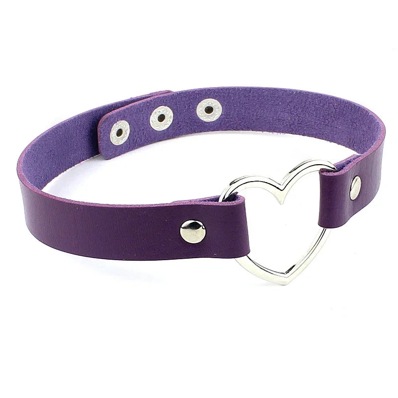 Holographic Heart Ring PU Leather Choker Necklace - Gothic Laser Collar