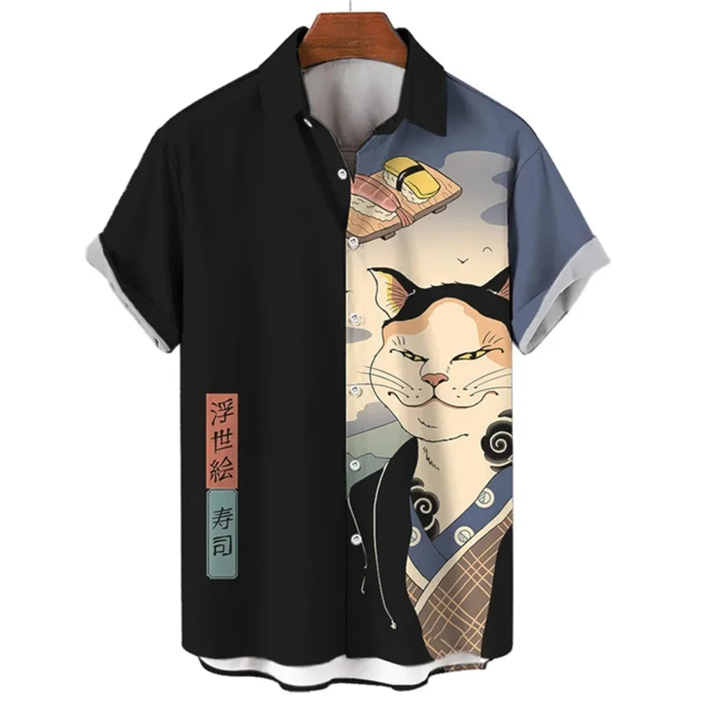 Men's Samurai Cat Print Hawaiian Shirt - Short Sleeve Loose Casual Anime Blouse