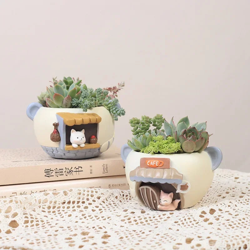 Cute Kitty Fox Resin Succulent Planter Mini Desk Flowerpot for Home Office Decor