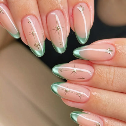 Y2K Star Press On Nails 24pcs – Blue Gradient French Gold Moon Almond False Nails