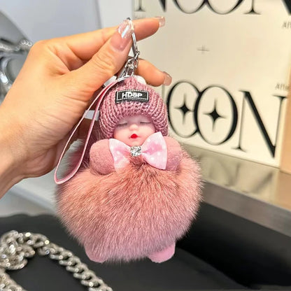 Cute Fluffy Sleepy Doll Keychain – Kawaii Plush Bag Charm Car Key Ring Gift