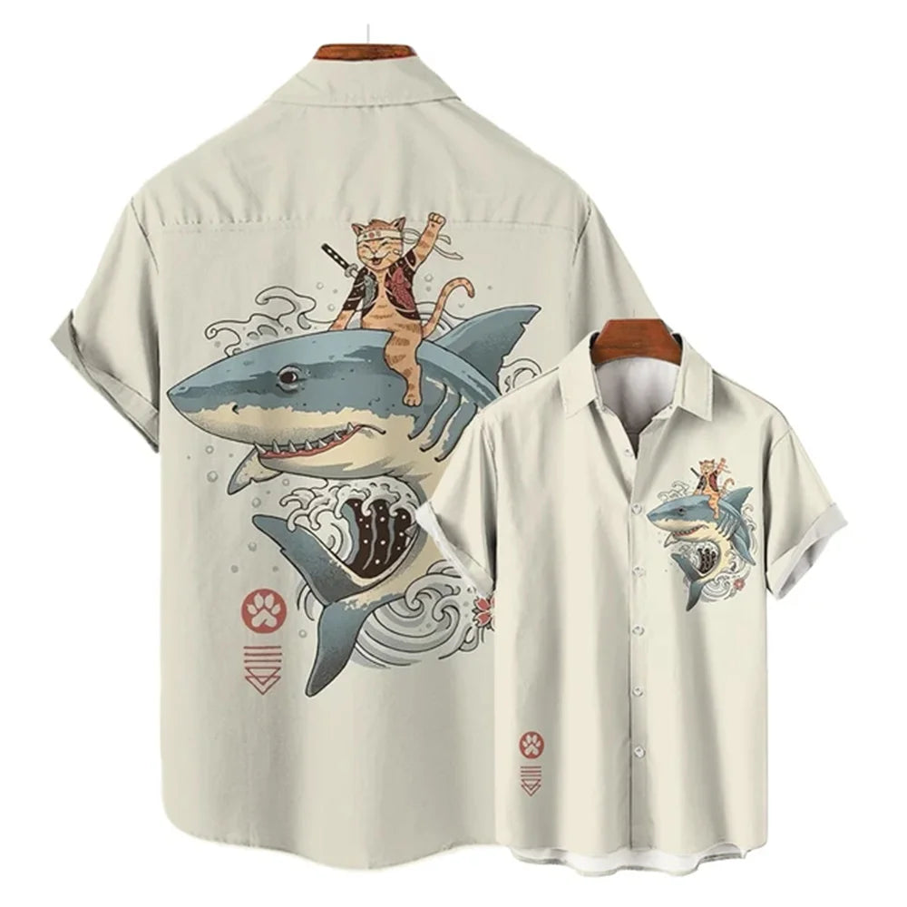 Men's Samurai Cat Print Hawaiian Shirt - Short Sleeve Loose Casual Anime Blouse