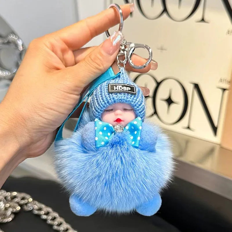 Cute Fluffy Sleepy Doll Keychain – Kawaii Plush Bag Charm Car Key Ring Gift