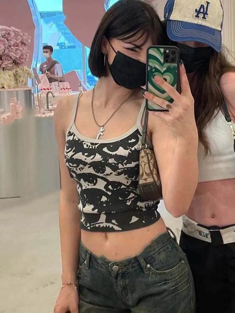 Gothic Portrait Print Crop Top Y2K Aesthetic Harajuku Streetwear Women Tee