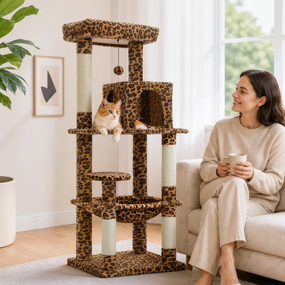 Multi-Level Leopard Cat Tree for Indoor Cats Large Cat Tower with Sisal Scratching Posts Cozy Cat Condo Spacious Hammock Soft Top Perch Cat Toys