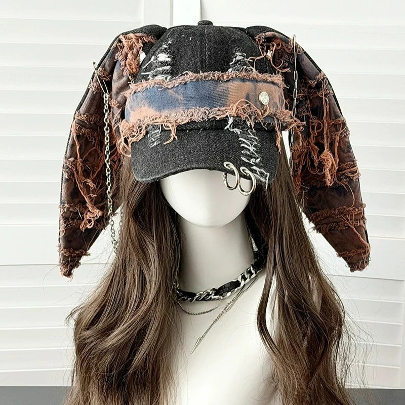 Y2K Denim Fur-Edge Rabbit Ears Baseball Cap with Chain – Punk Hip-Hop Sunshade Hat