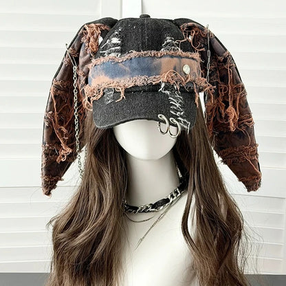 Y2K Denim Fur-Edge Rabbit Ears Baseball Cap with Chain – Punk Hip-Hop Sunshade Hat