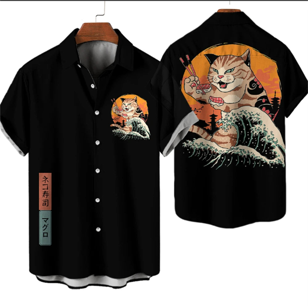 Men's Samurai Cat Print Hawaiian Shirt - Short Sleeve Loose Casual Anime Blouse