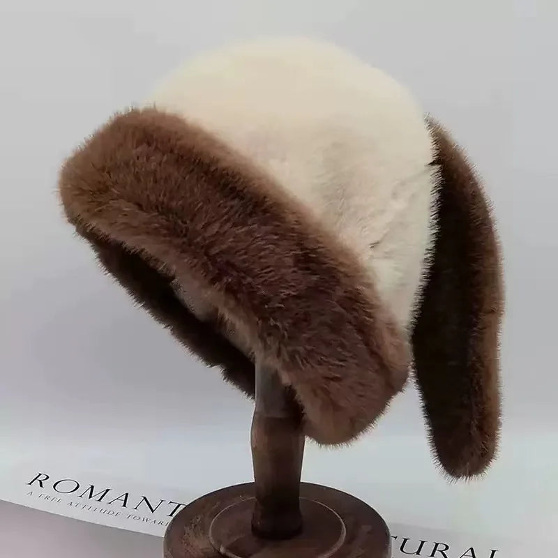 Women's Big Bunny Ear Trapper Hat - Fluffy Plush Rabbit Ear Winter Cap for Cosplay and Outdoor Wear