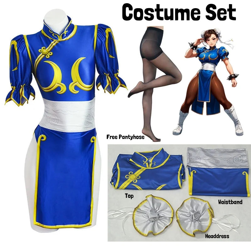 Women's Street Fighter Chun-Li Cosplay Costume – Blue Cheongsam Set