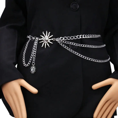 Punk Hip Hop Sun Waist Chain Belt – Vintage Gold & Silver Metal High Waist Chain for Women