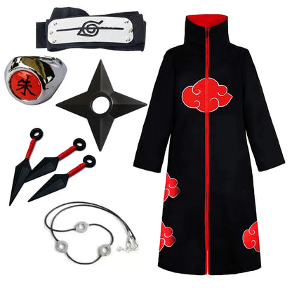 Akatsuki Cloak Ninja Cosplay Costume Set – Red Cloud Cape with Headband & Accessories