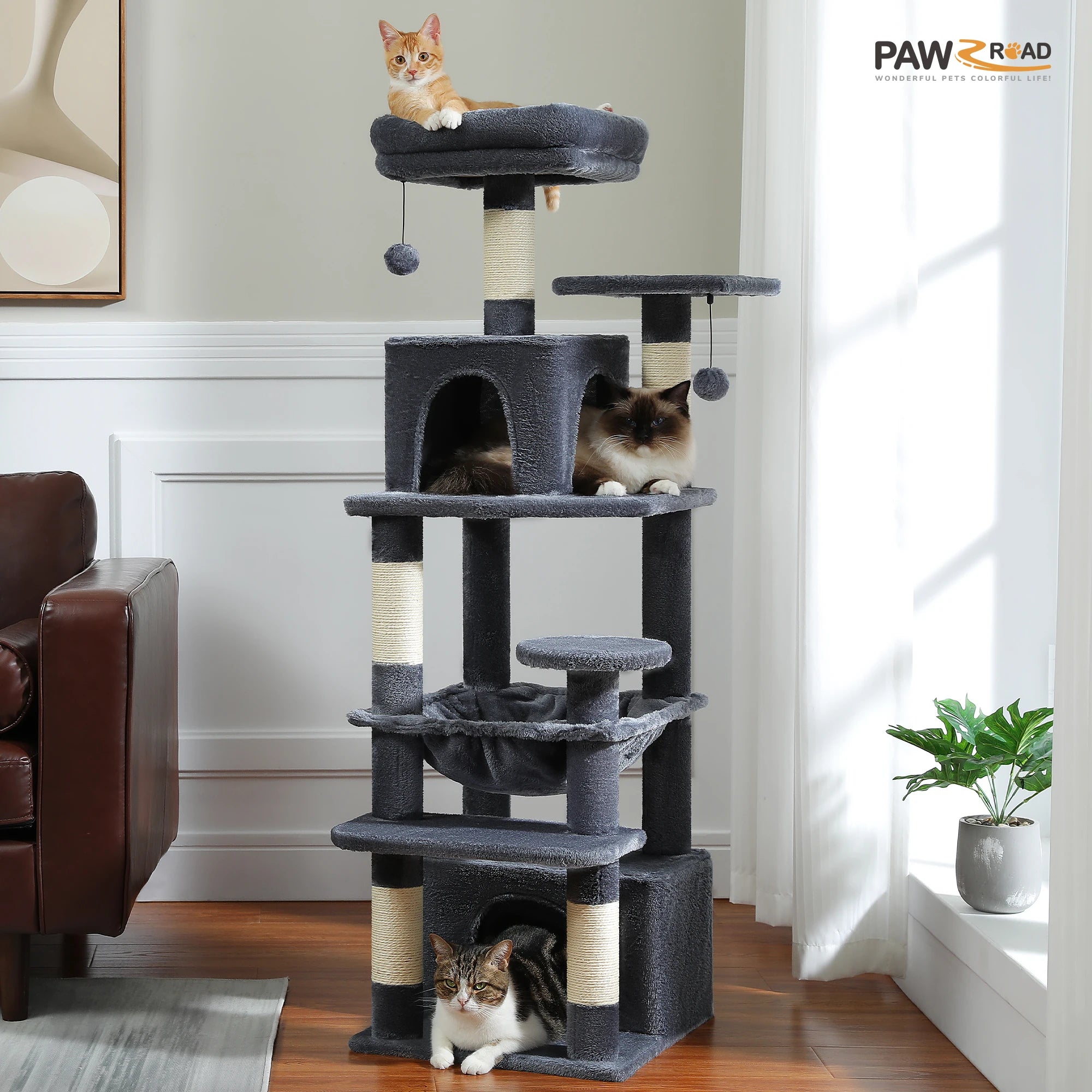 Large Cat Tree Tower with Hammock And Perches Sisal Scratching Posts Spacious Condos And Cat Toys for Indoor Cats Grey/Beige/Black