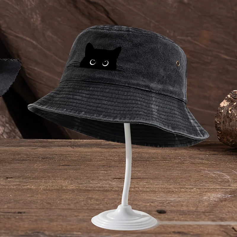 Black Cat Print Vintage Bucket Hat – Unisex Outdoor Travel Fisherman Hat