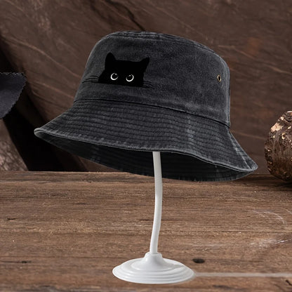 Black Cat Print Vintage Bucket Hat – Unisex Outdoor Travel Fisherman Hat