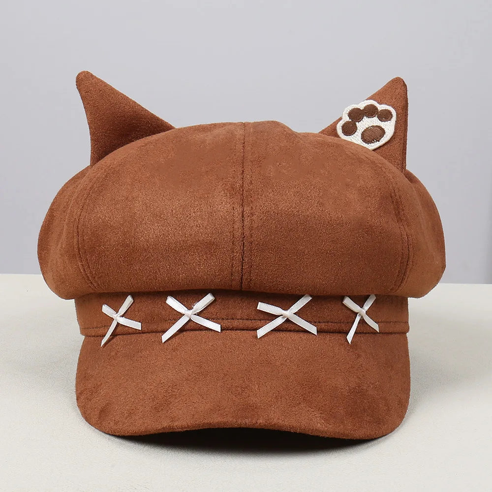Vintage Cat Ear Newsboy Cap - Harajuku Kawaii Cat Paw Baker Boy Beret Hat