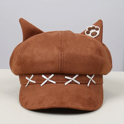 Vintage Cat Ear Newsboy Cap - Harajuku Kawaii Cat Paw Baker Boy Beret Hat