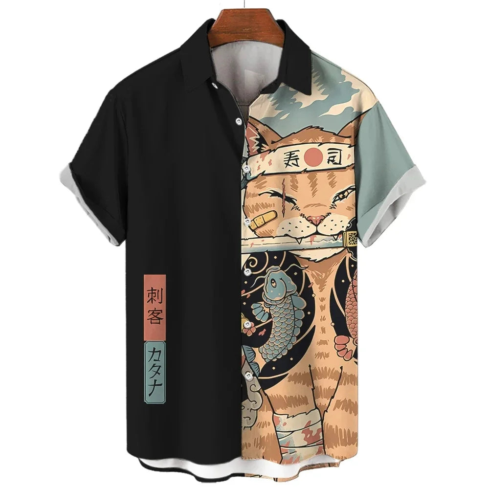 Men's Samurai Cat Print Hawaiian Shirt - Short Sleeve Loose Casual Anime Blouse