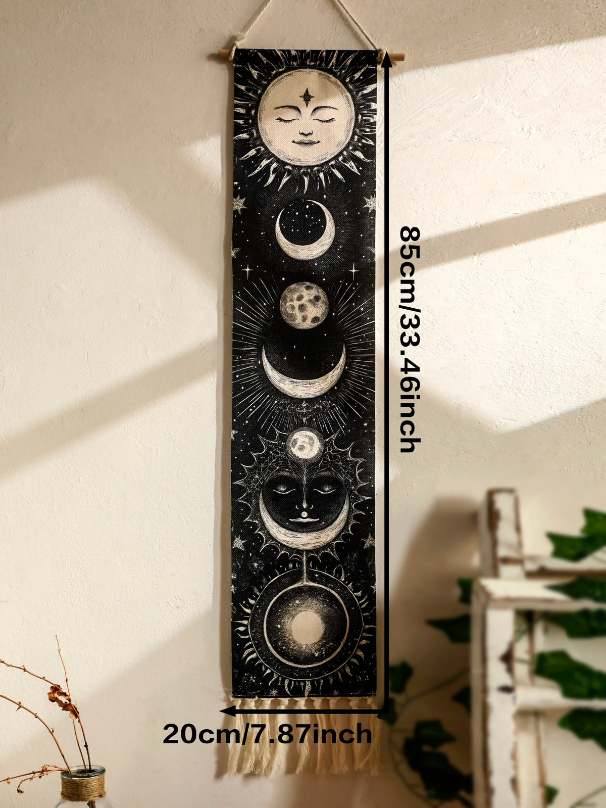 Celestial Moon Phase Tapestry Wall Hanging - Gothic Witchy Black White Boho Decor