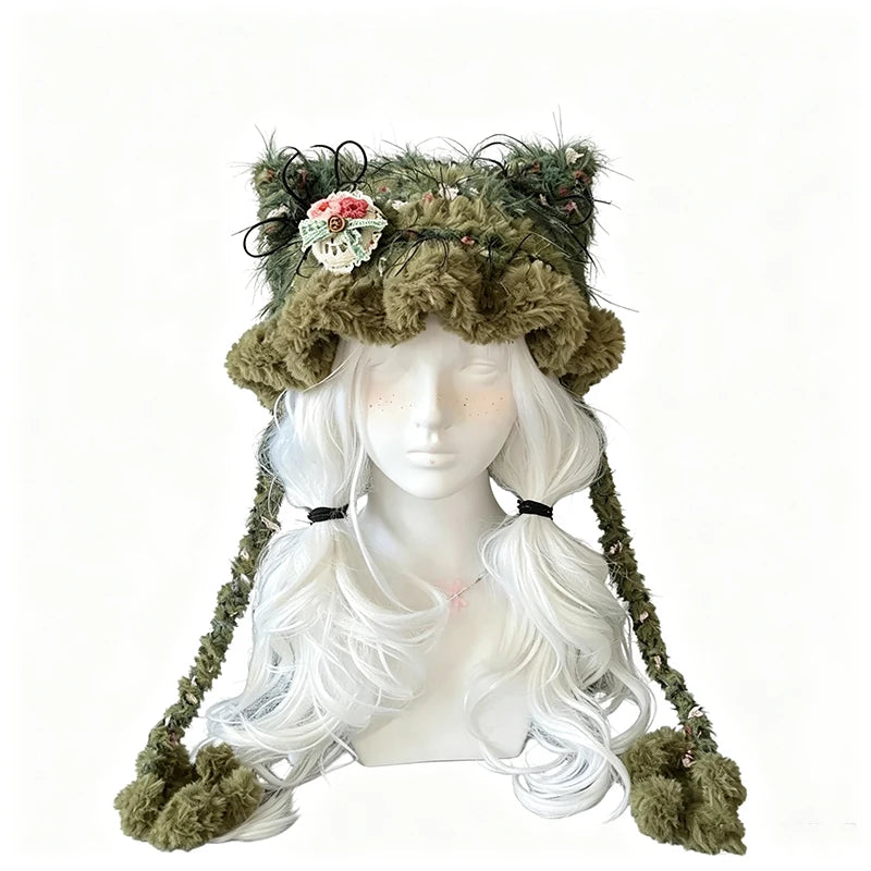 Handmade Crochet Moss Green Fox Ear Hat – Plush Floral Knit Goblincore Winter Hood