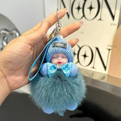 Cute Fluffy Sleepy Doll Keychain – Kawaii Plush Bag Charm Car Key Ring Gift