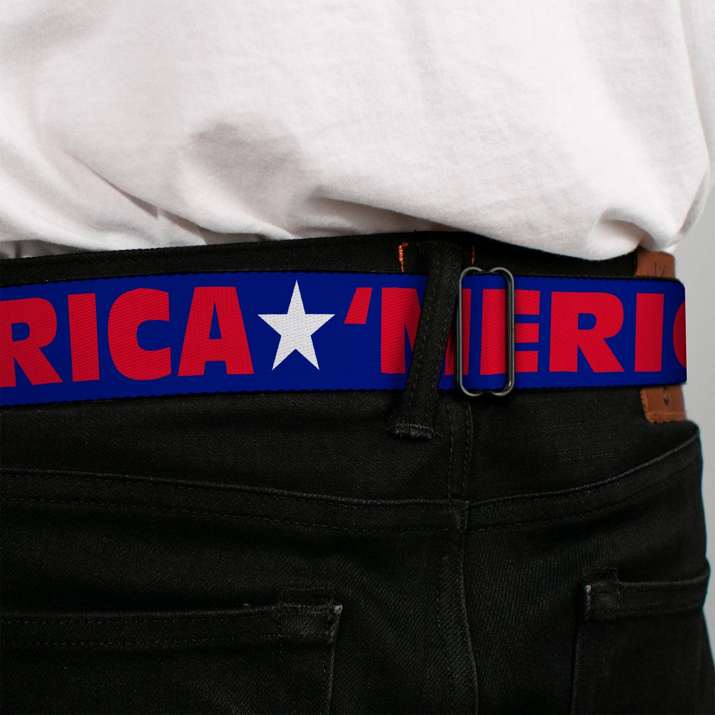BD Wings Logo CLOSE-UP Full Color Black Silver Seatbelt Belt - 'MERICA/Star Blue/Red/White Webbing