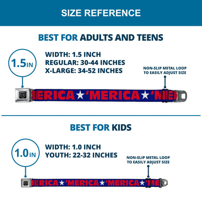 BD Wings Logo CLOSE-UP Full Color Black Silver Seatbelt Belt - 'MERICA/Star Blue/Red/White Webbing