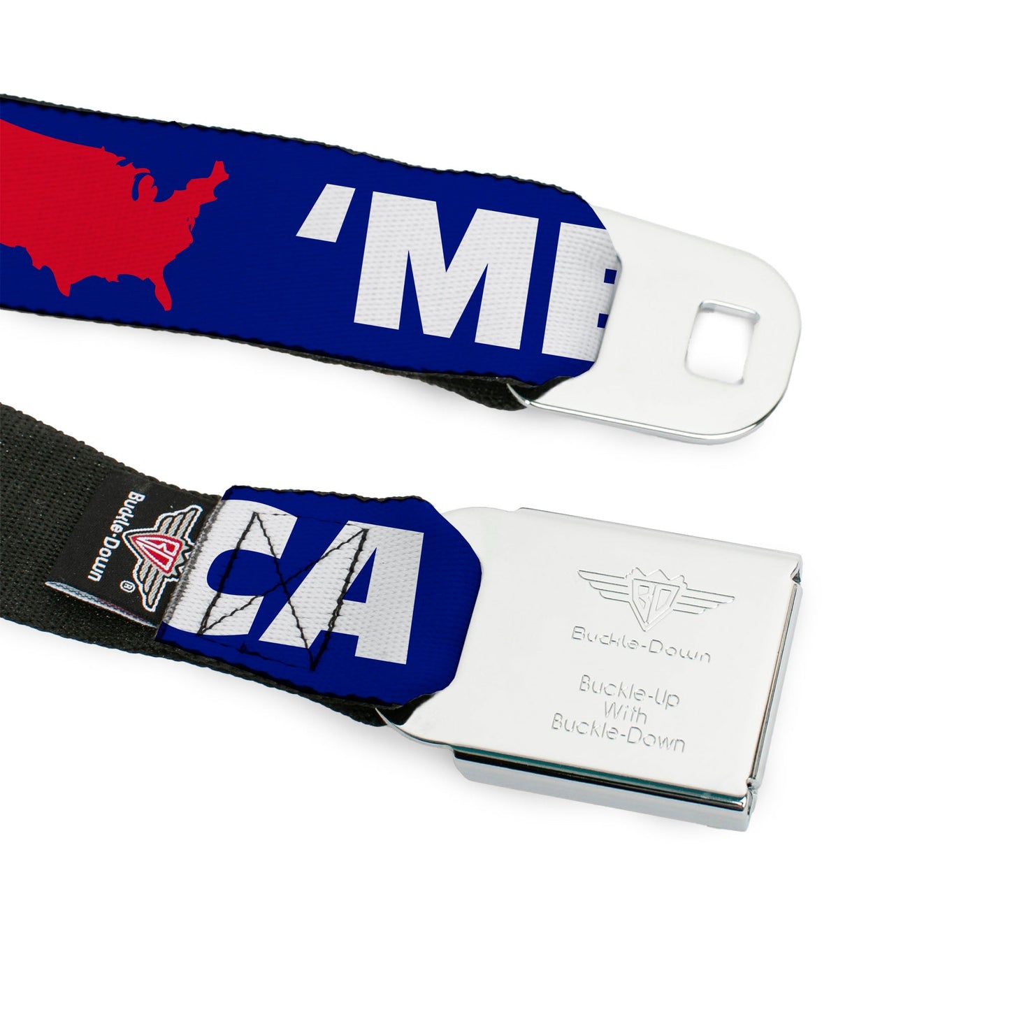 BD Wings Logo CLOSE-UP Full Color Black Silver Seatbelt Belt - 'MERICA/USA Silhouette Blue/White/Red Webbing