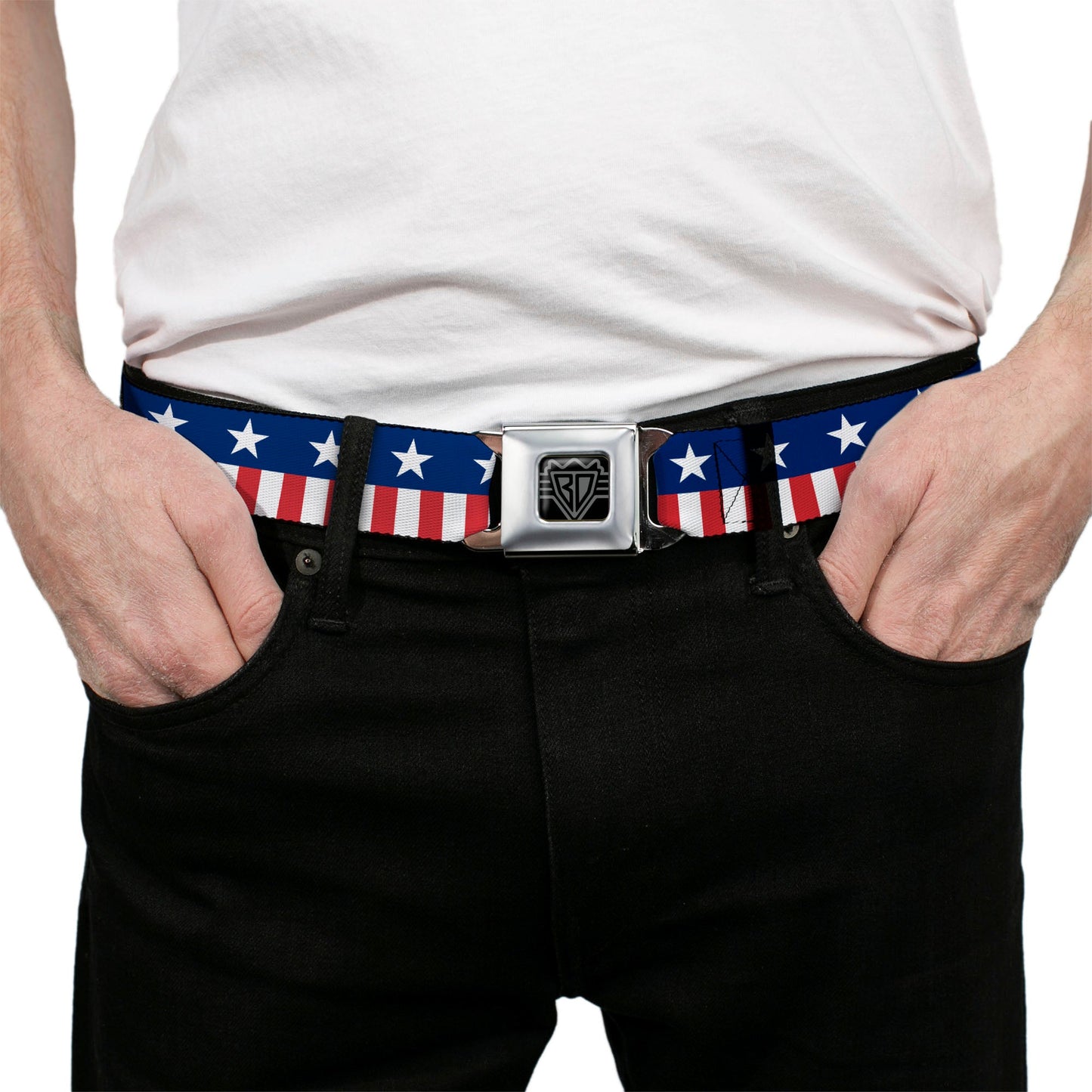 BD Wings Logo CLOSE-UP Full Color Black Silver Seatbelt Belt - Americana Stars & Stripes2 Blue/White/Red/White Webbing