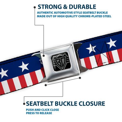 BD Wings Logo CLOSE-UP Full Color Black Silver Seatbelt Belt - Americana Stars & Stripes2 Blue/White/Red/White Webbing