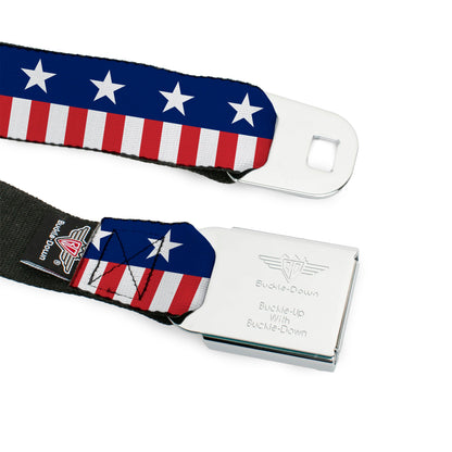 BD Wings Logo CLOSE-UP Full Color Black Silver Seatbelt Belt - Americana Stars & Stripes2 Blue/White/Red/White Webbing