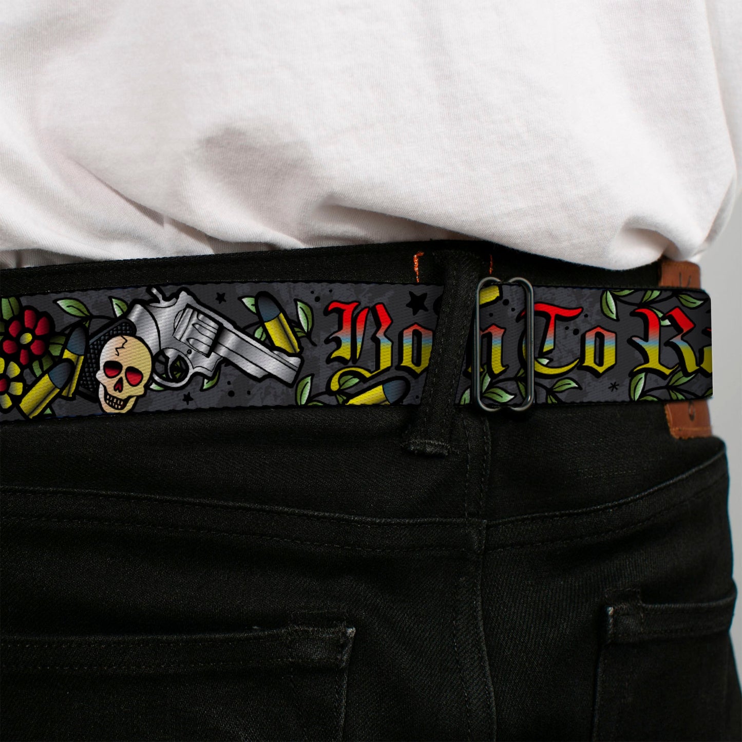 BD Wings Logo CLOSE-UP Full Color Black Silver Seatbelt Belt - Born to Raise Hell Gray Webbing