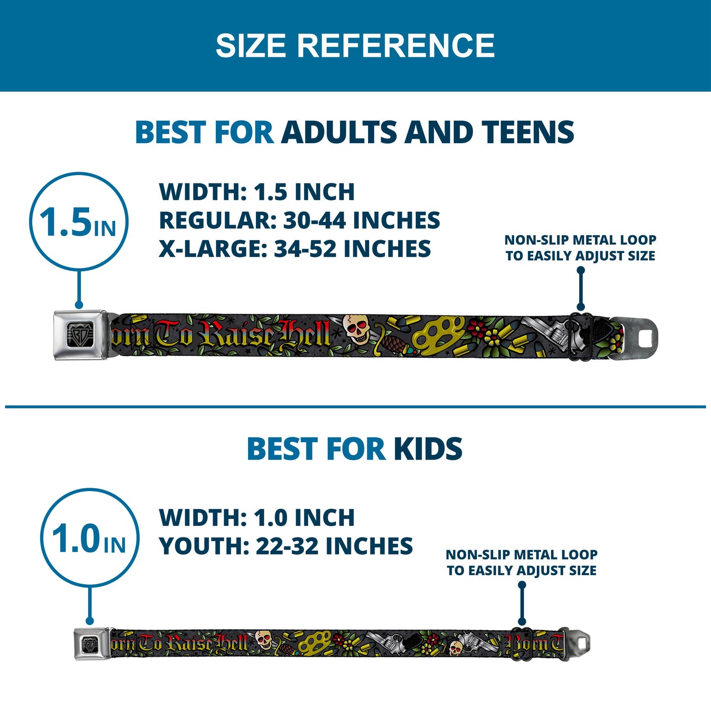 BD Wings Logo CLOSE-UP Full Color Black Silver Seatbelt Belt - Born to Raise Hell Gray Webbing