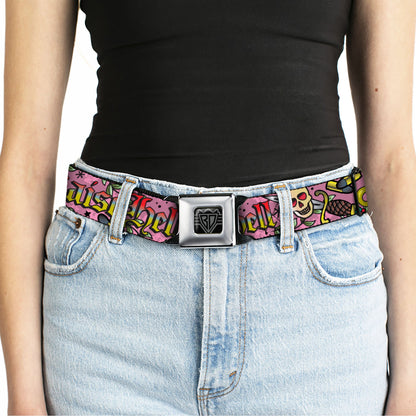 BD Wings Logo CLOSE-UP Full Color Black Silver Seatbelt Belt - Born to Raise Hell Pink Webbing