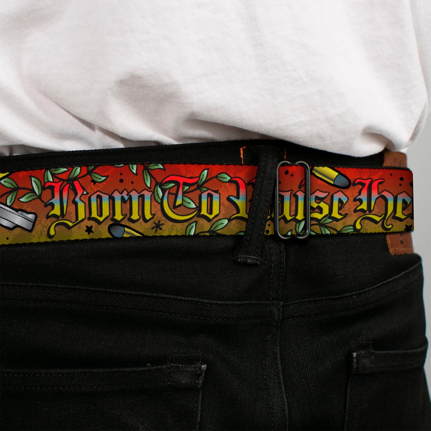 BD Wings Logo CLOSE-UP Full Color Black Silver Seatbelt Belt - Born to Raise Hell Red Webbing