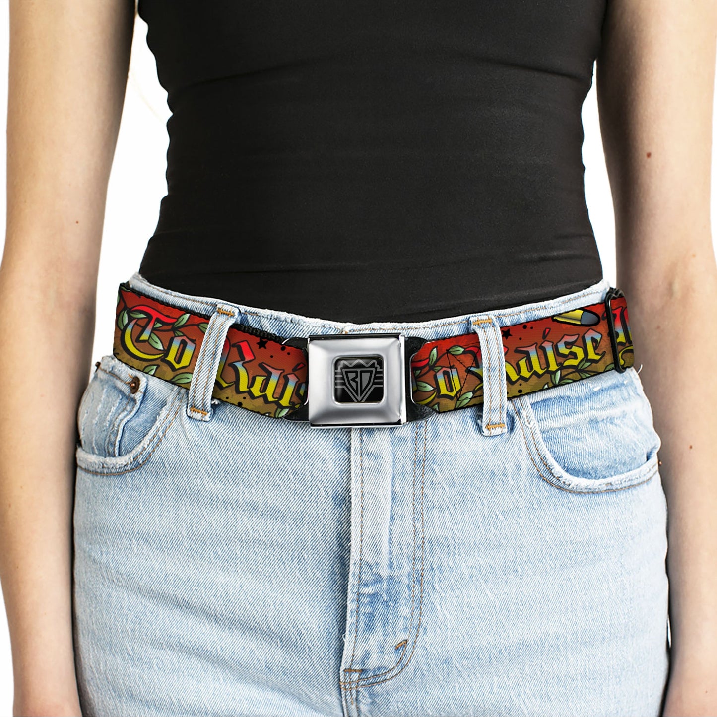 BD Wings Logo CLOSE-UP Full Color Black Silver Seatbelt Belt - Born to Raise Hell Red Webbing