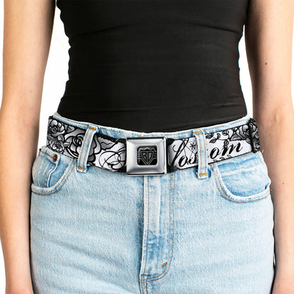 BD Wings Logo CLOSE-UP Full Color Black Silver Seatbelt Belt - Born to Blossom Black/White Webbing