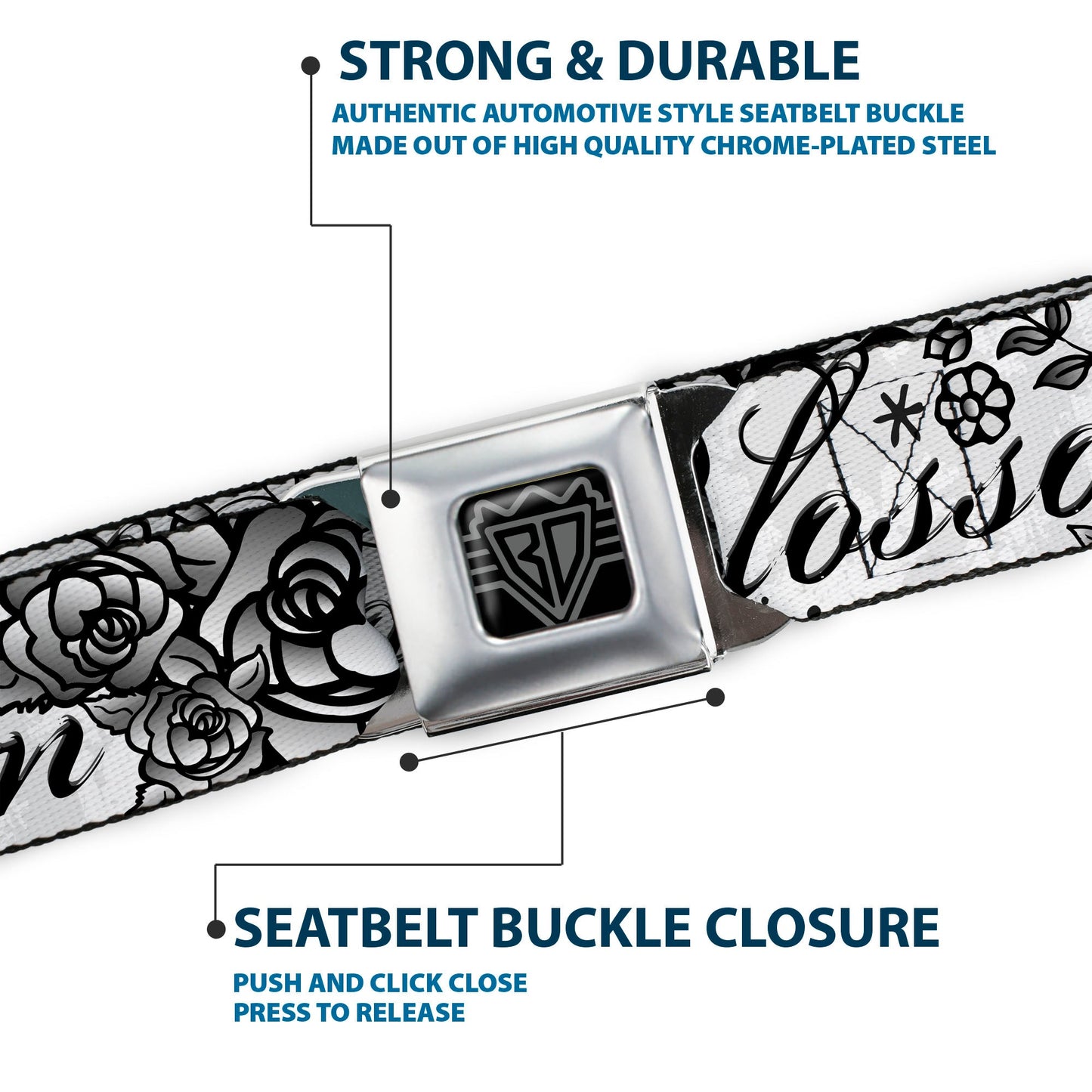 BD Wings Logo CLOSE-UP Full Color Black Silver Seatbelt Belt - Born to Blossom Black/White Webbing