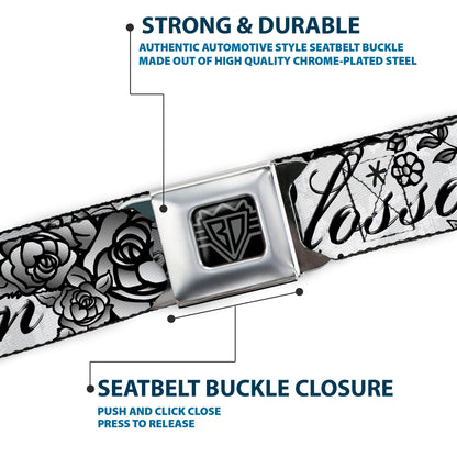 BD Wings Logo CLOSE-UP Full Color Black Silver Seatbelt Belt - Born to Blossom Black/White Webbing