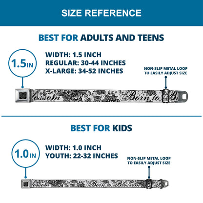 BD Wings Logo CLOSE-UP Full Color Black Silver Seatbelt Belt - Born to Blossom Black/White Webbing