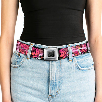 BD Wings Logo CLOSE-UP Full Color Black Silver Seatbelt Belt - Born to Blossom CLOSE-UP White Webbing