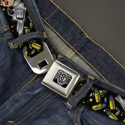 BD Wings Logo CLOSE-UP Full Color Black Silver Seatbelt Belt - Born to Raise Hell CLOSE-UP Black Webbing