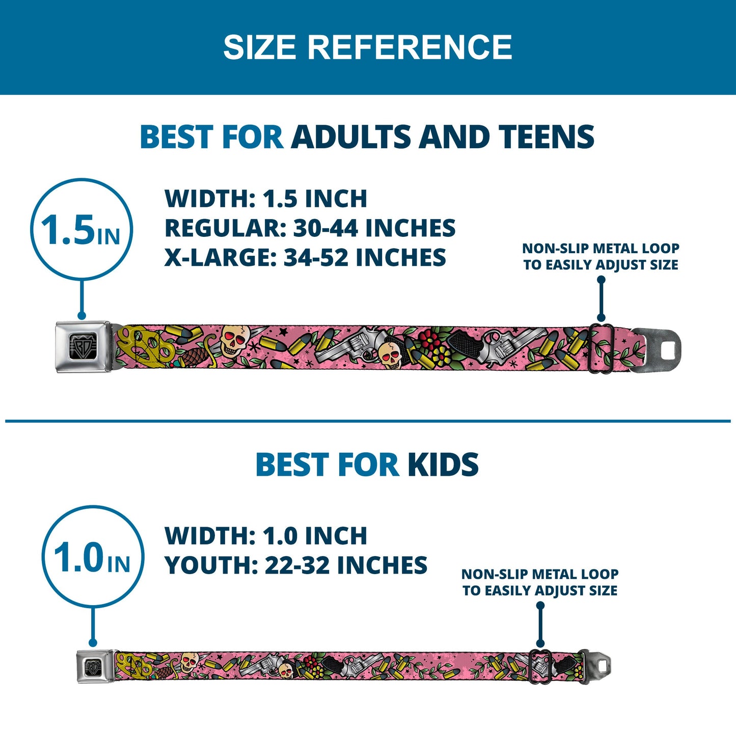 BD Wings Logo CLOSE-UP Full Color Black Silver Seatbelt Belt - Born to Raise Hell CLOSE-UP Pink Webbing