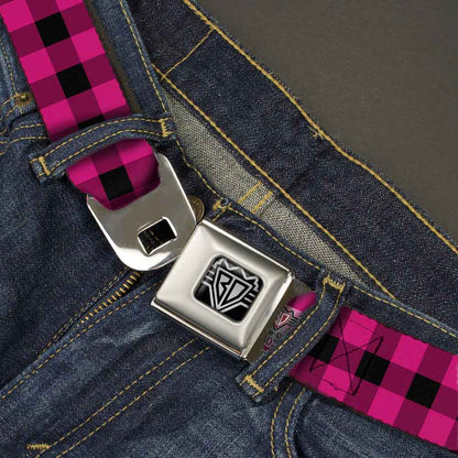 BD Wings Logo CLOSE-UP Full Color Black Silver Seatbelt Belt - Buffalo Plaid Black/Fuchsia Webbing