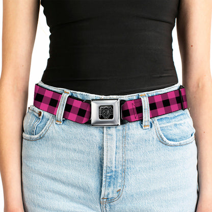 BD Wings Logo CLOSE-UP Full Color Black Silver Seatbelt Belt - Buffalo Plaid Black/Fuchsia Webbing