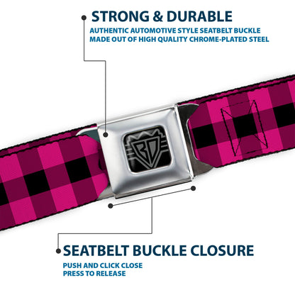 BD Wings Logo CLOSE-UP Full Color Black Silver Seatbelt Belt - Buffalo Plaid Black/Fuchsia Webbing