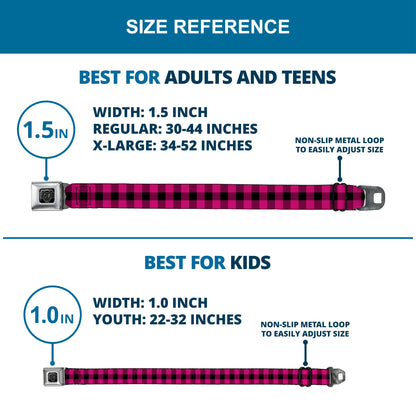 BD Wings Logo CLOSE-UP Full Color Black Silver Seatbelt Belt - Buffalo Plaid Black/Fuchsia Webbing