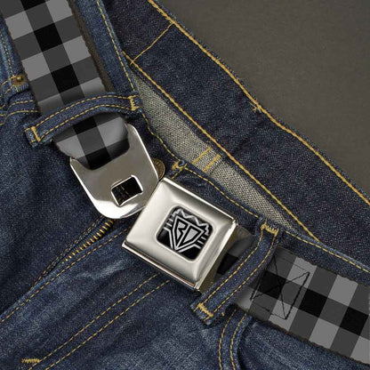 BD Wings Logo CLOSE-UP Full Color Black Silver Seatbelt Belt - Buffalo Plaid Black/Gray Webbing