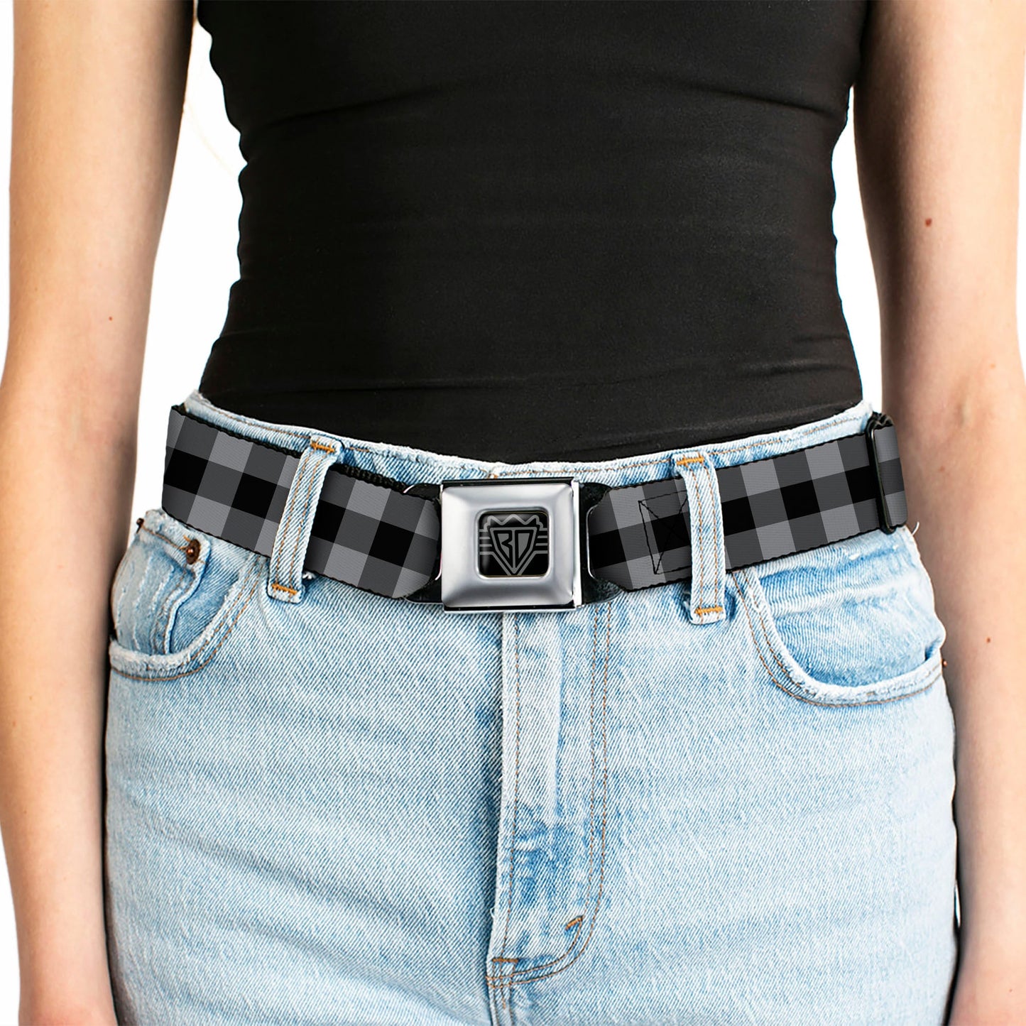 BD Wings Logo CLOSE-UP Full Color Black Silver Seatbelt Belt - Buffalo Plaid Black/Gray Webbing