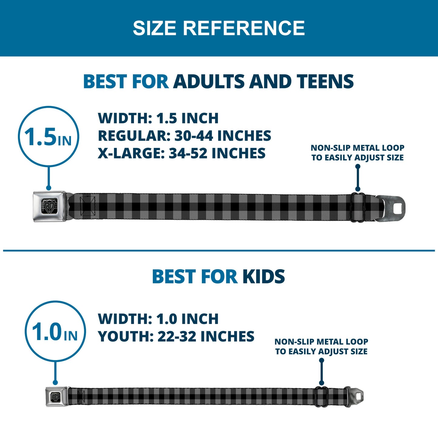 BD Wings Logo CLOSE-UP Full Color Black Silver Seatbelt Belt - Buffalo Plaid Black/Gray Webbing